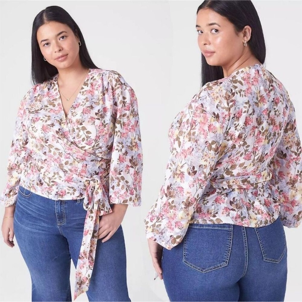 Lane Bryant Pink Floral Long Sleeve Tie Waist Wrap Semi Sheer Blouse sz 20
